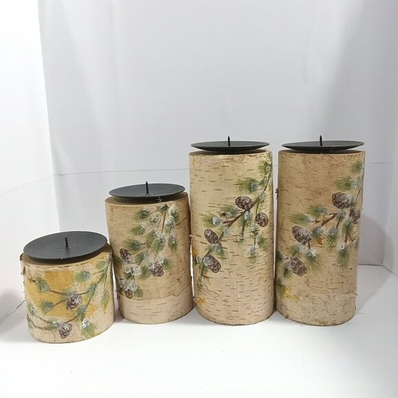 SET of 4 BIRCH Wood LOG PILLAR CANDLE HOLDERS STANDS Farmhouse Decor - Picture 9 of 9